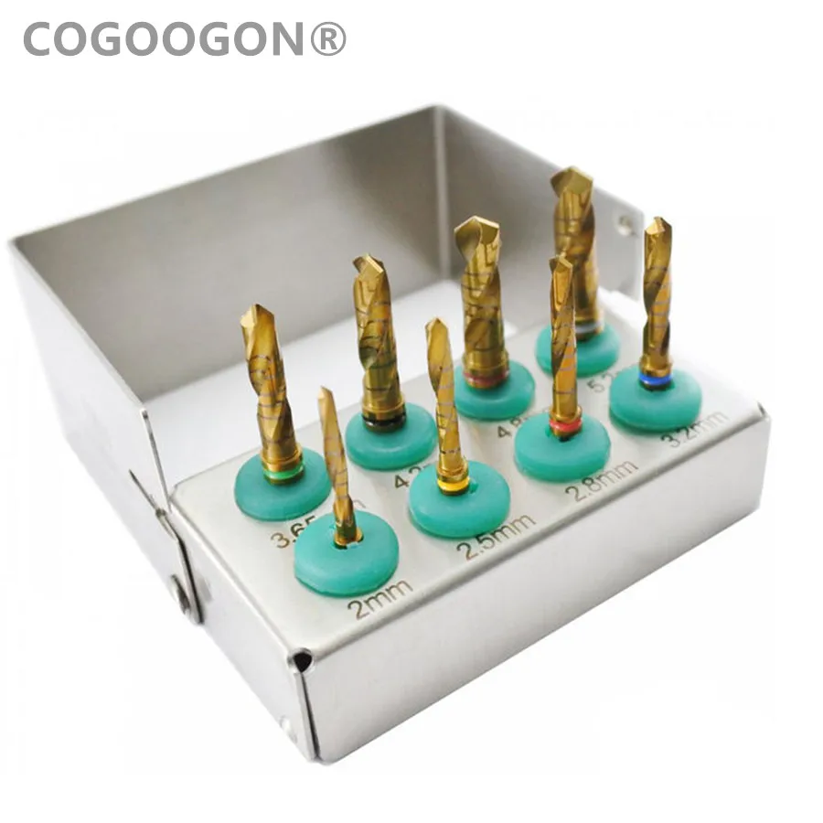 Dental Implant Drills Kit 8 Pcs Set Surgical Tools NEW External Irrigation  Golden Coated FREE Bur Holder