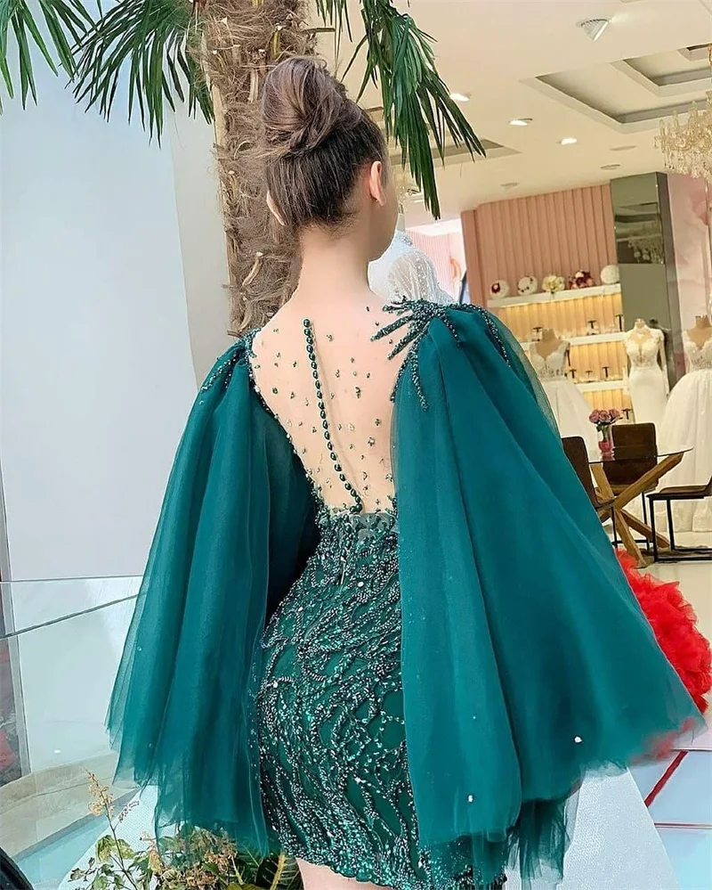 Glitter Short Evening Dresses Crystal Beads Appliqued Lace Luxury Prom Pageant Gown Robe De Mariée Long Sleeve Customize