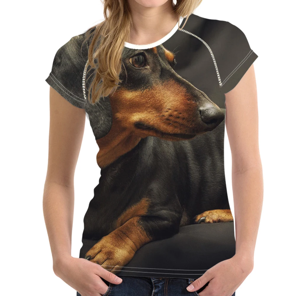 

WHEREISART Dachshund Dog Print Funny Tshirt Woman Cotton Casual Man Summer Short Sleeve Femme Top T-Shirt Black Shoulder Girls