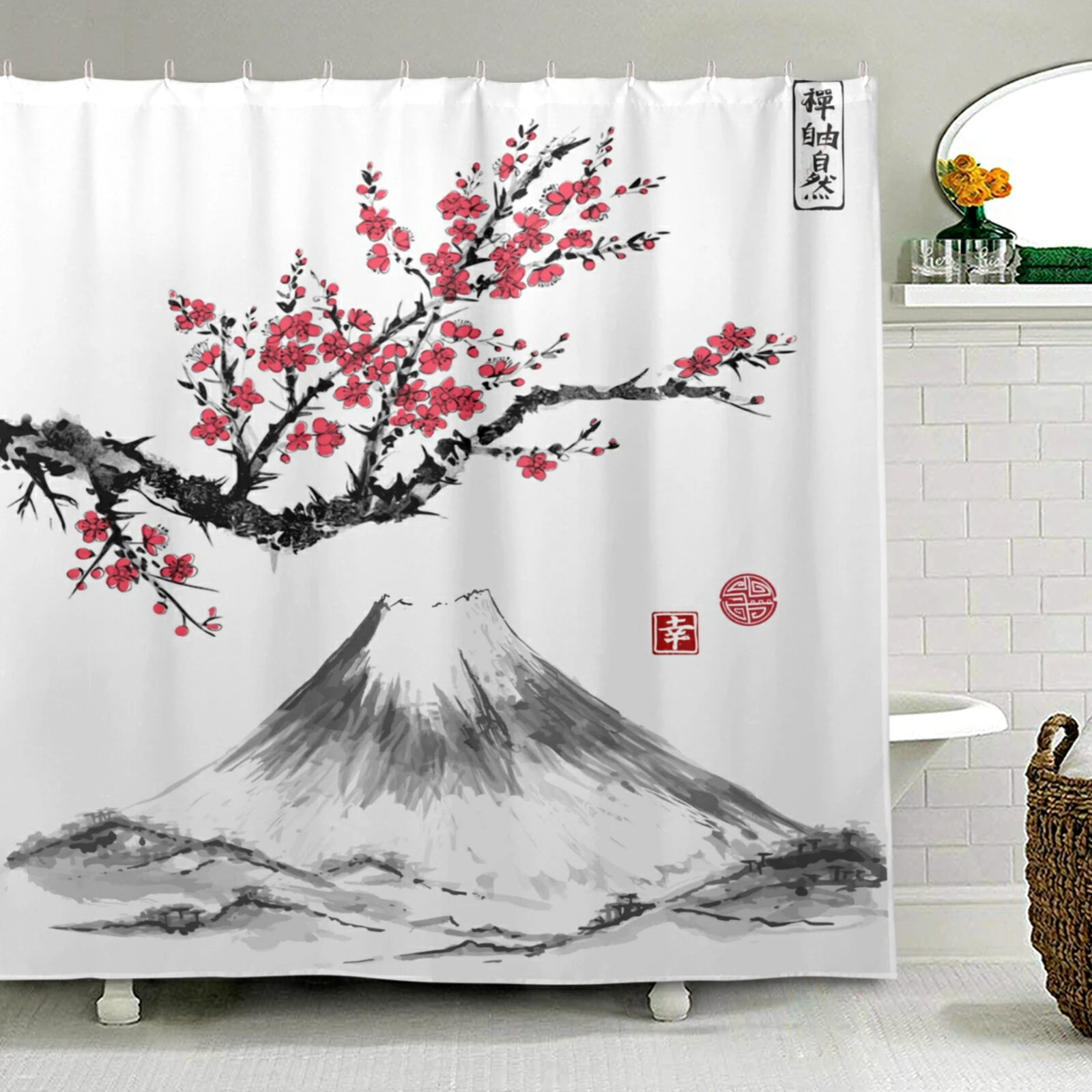 

Fuji Mountain Cherry Japanese Art Painting Waterproof Bath Curtain Polyester Fabric Shower Curtain Bathroom Decorative Curtain