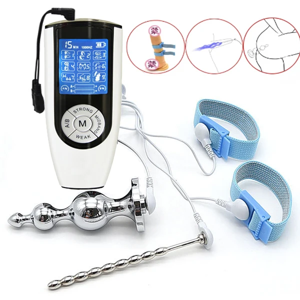 BDSM Strong Electric Shock Metal Beads Anal Plug Urethra Stimulation Rod Penis Massage Ring Electro Medical Theme Male Sex Toy