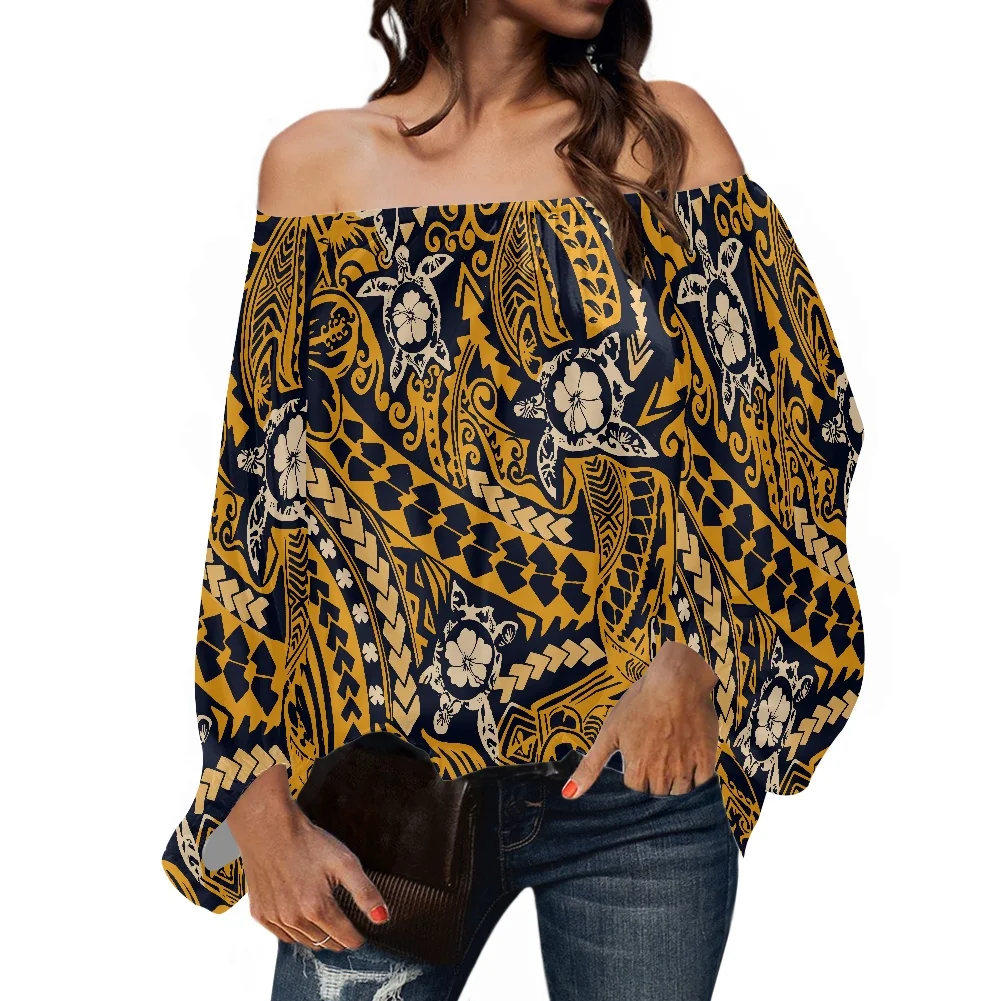 

HYCOOL Polynesian Brown Sexy Off Shoulder Top Elegant Casual Long Puff Sleeve Top Samoan Tribal Tattoos Print Tops Women 2021