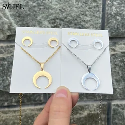 New Vintage Stainless Steel Chain Gold Color Horn Crescent Pendant Necklace for Women Curved Moon Earrings Trend Jewelry Gifts