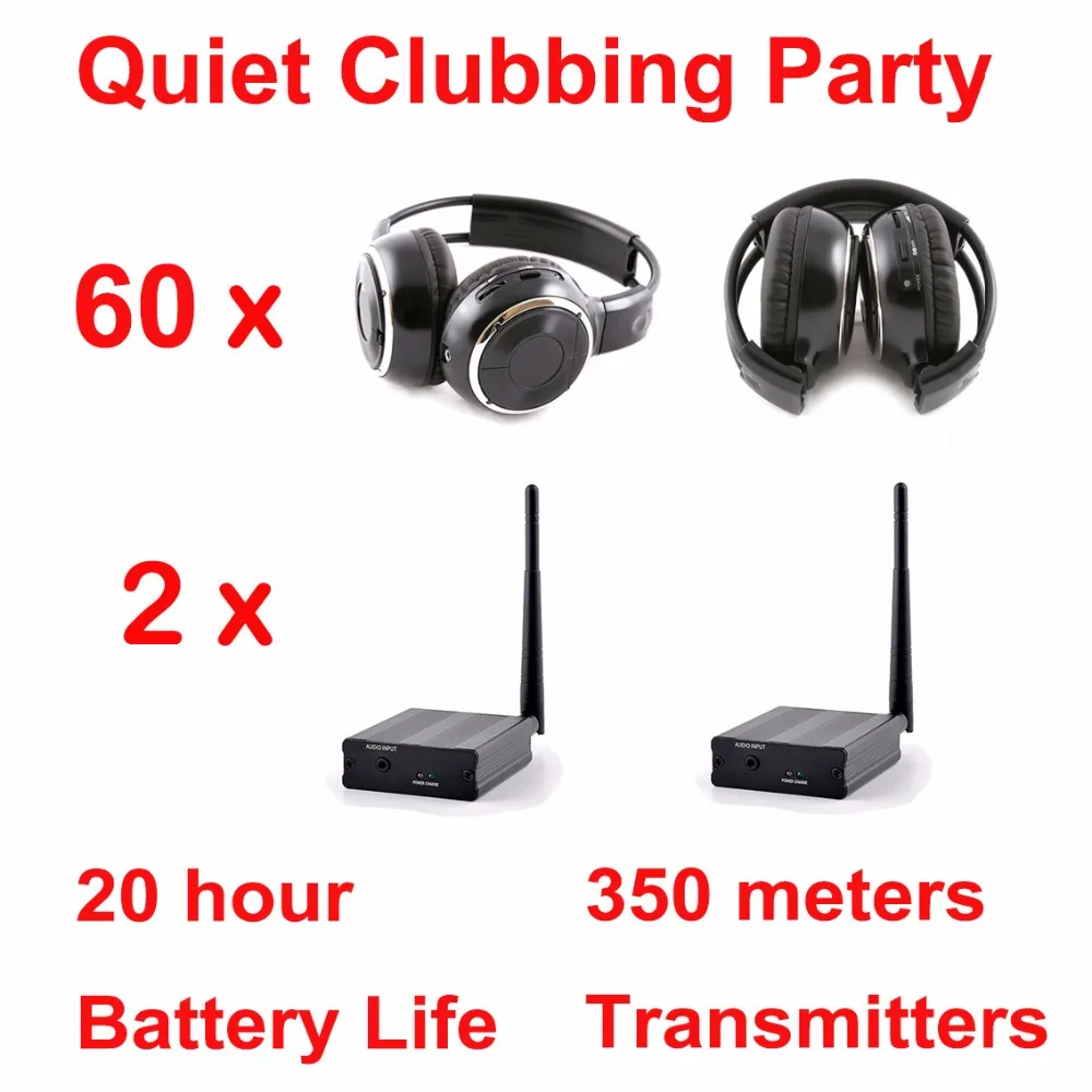 Silent Disco System 350m Folding Wireless Headphones - Quiet Clubbing Party Package with 60 Headset Plus 2 Transmitters