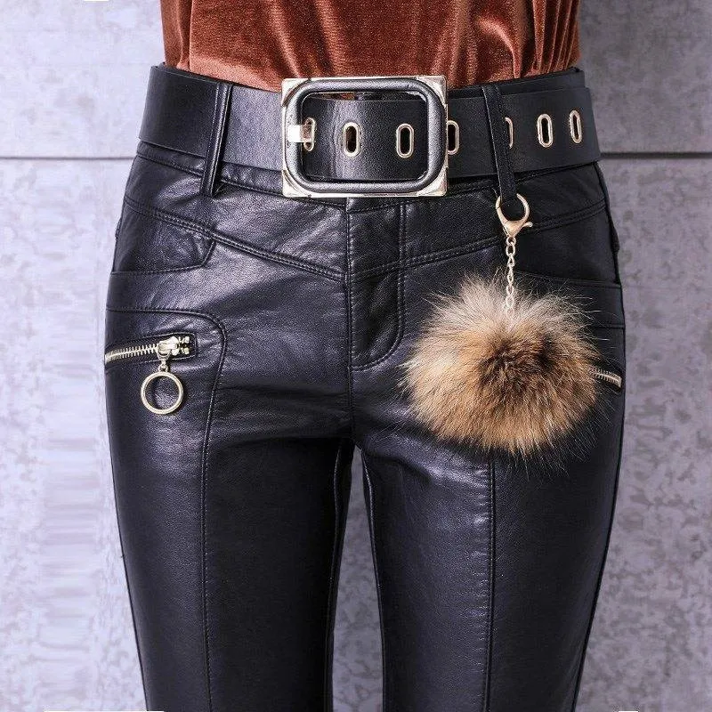 Women PU Leather Pants 2024 New Autumn High Waist Pants Faux Leather Skinny Pencil Pant Sashes pockets Tight Trousers Black P513