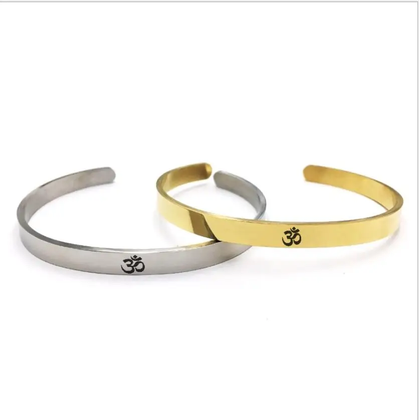 Stainless Steel Bangle Bracelet Indian Sanskrit OM Symbol Open Bracelet Mirror Polished Vacuum Plating