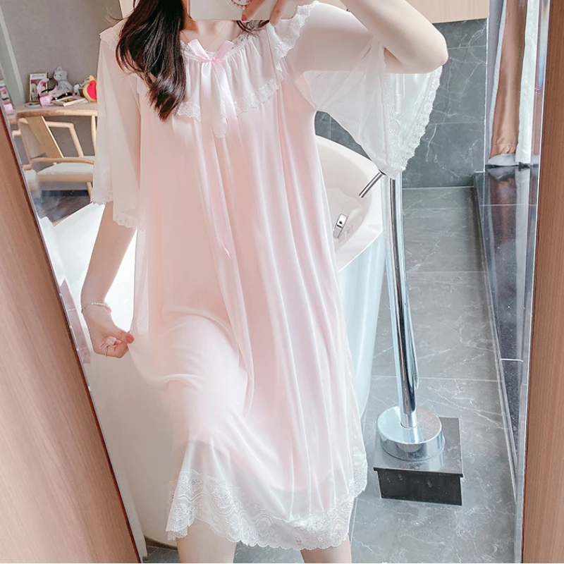 Women Romantic Nightgowns White Pink Lace Mesh Fairy Nighty Victorian Vintage Lolita Night Dress Girl Kawaii Sleepwear Nightwear