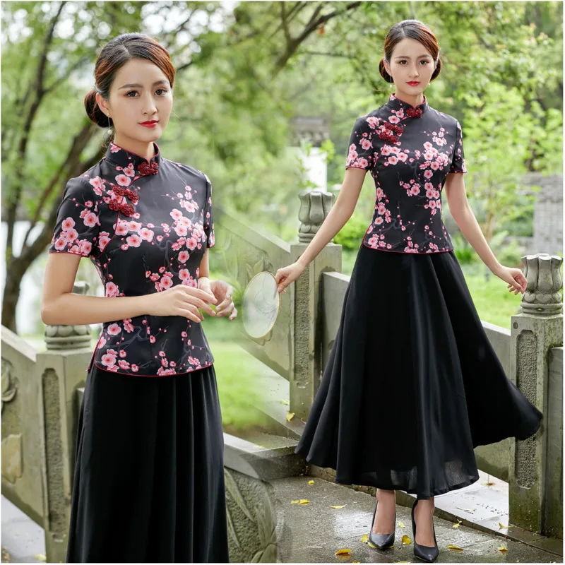 SHENG COCO Chinese Style Shirts Qipao Tops Ladies Classic Cheongsam Blouse Plum Flower Oriental Printing Qipao Shirt Hanfu