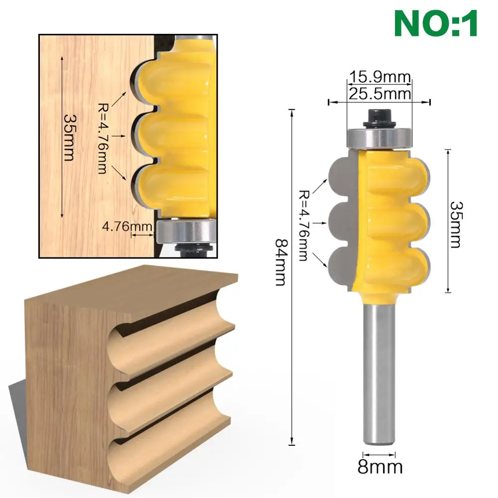 SHERUI 2PC 8mm Shank Triple Bead & Triple Flute Large Molding Router Bits Set Line knife Woodworking cutter