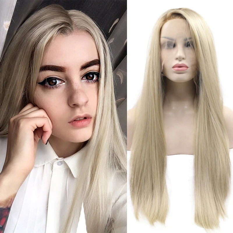 Long Silky Straight Lace Front Hair Wig Honey Ash Ombre Platinum Blonde Middle Part Frontal Highlight Wigs For Black Women Hair