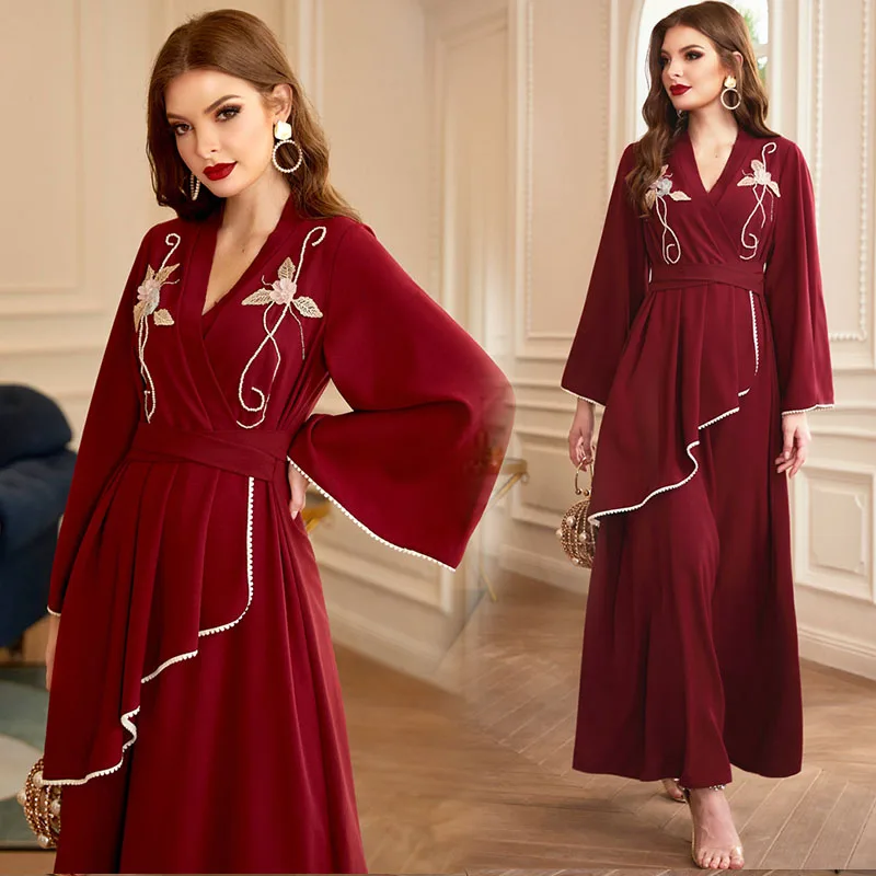 

Abaya Ladies Fashion Dresses Muslim Thin Pearl Floral Embroidery V-Neck Red Modest Maxi Dress Flared Sleeve Irregular Dresses