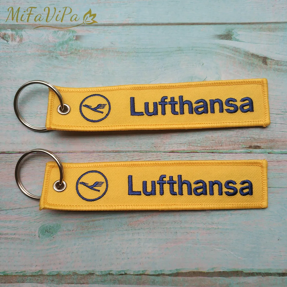 

50 PCs Sleutelhange Yellow Lufthansa Keychain Fashion Trinket Strap Embroidery Aviation Key Chain for Men Gift Keyring Wholesale