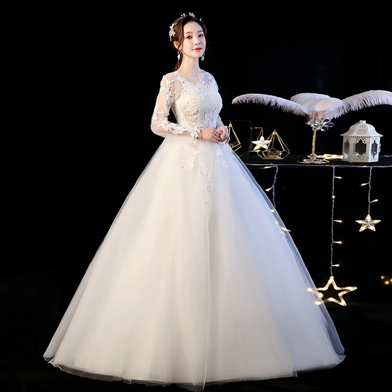 AnXin SH – robe de mariée princesse en dentelle, vintage, illusion de col rond, à manches longues, robe de bal de fête, à fleurs blanches