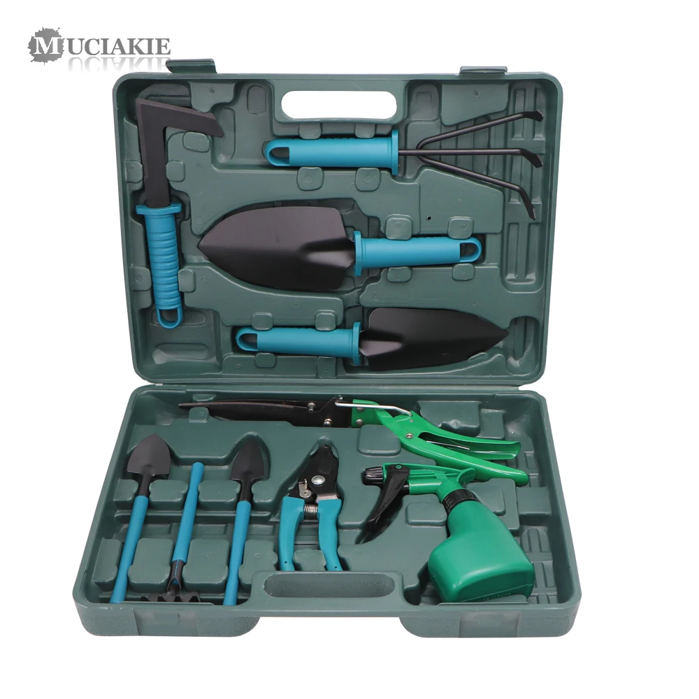 

MUCIAKIE Garden Tool Sets 10PCS Hand Tool with Trowel Pruner Rake Shovel Grass Shear Spray Bottle with Storage Case