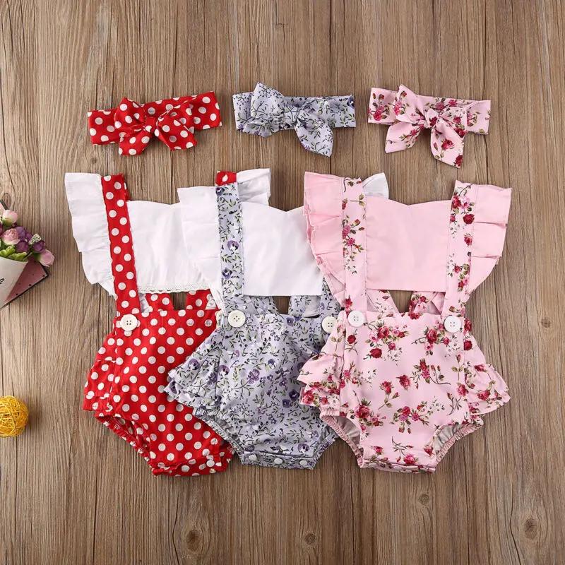 0-24M Baby Girl Clothes Polka Dot Print Flower Fly Sleeve Romper Jumpsuit Headband 3pcs Outfits Sunsuit Summer Baby Girls Set