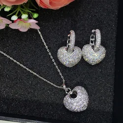 Buyee 925 Sterling Silver Female Jewelry Sets White Zircon Heart Pendant Earring for Women Luxury Bride Wedding Fine Jewelry