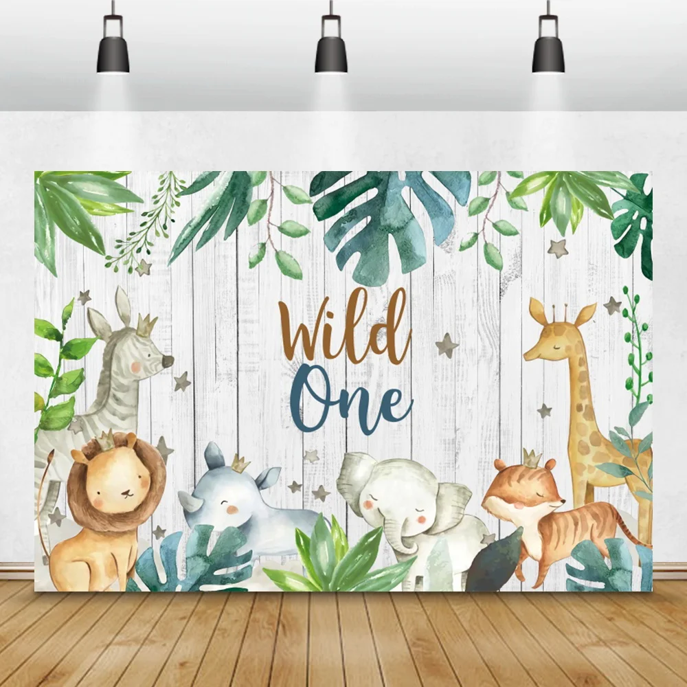 

Jungle Wild Animals Child 1st Birthday Party Photography Backdrop Tropical Plants Gray Wood Board Background Family Photocall