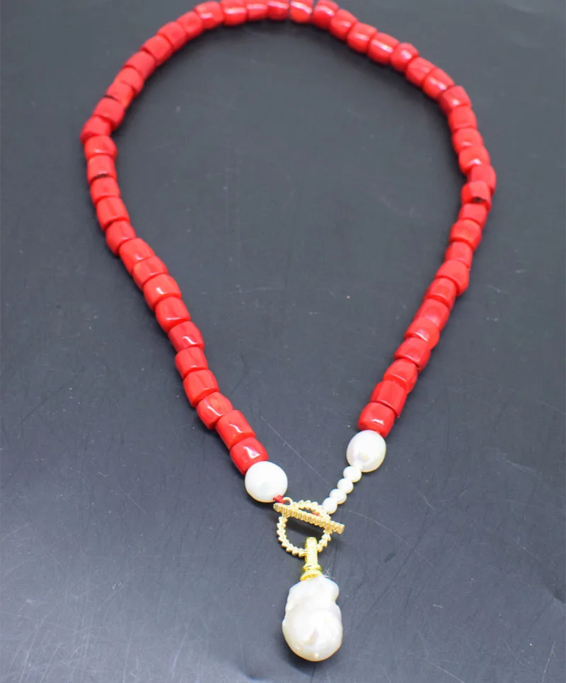 RED CORAL ROUNDELLE  + white reborn keshi drop baroque pendant necklace freshwater pearl FPPJ