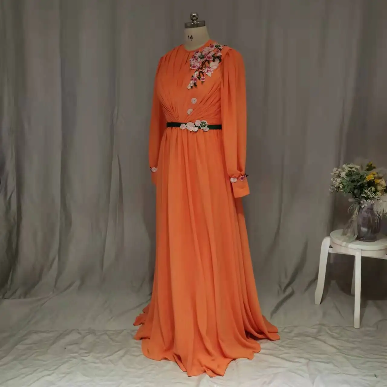 MYYBLE Coral Arabic Moroccan Evening Dresses Party Elegant for Women Celebrity Long Sleeves Chiffon Dubai Caftans Formal Gowns