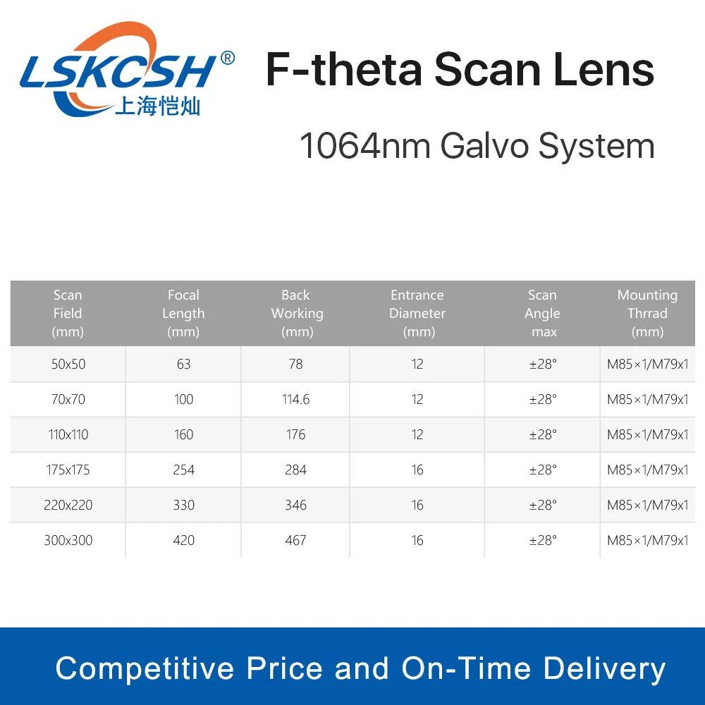 LSKCSH F-theta Scan Lens Field Lens 1064nm 50x50 - 300x300 F63-420mm for 1064nm YAG Optical Fiber Laser Marking Machine Parts