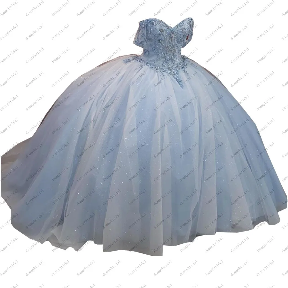 Chic Baby Blue Crystal Top Ball Gown Long Cheap Quinceanera Formal Dresses with Sleeves Sequined Tulle Cinderella Princess