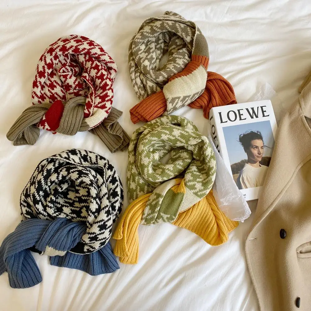 

Korean Style Winter Women Scarf Wool Knitted Scarves For Women Thick Warm Casual High Quality Houndstooth Colorful Scarf