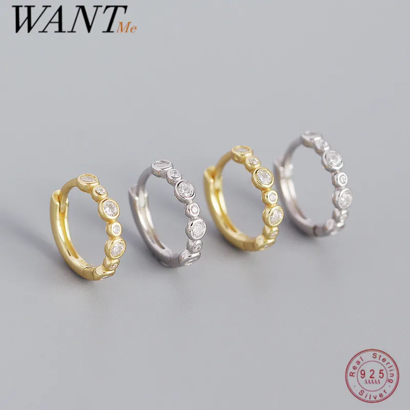 

WANTME 925 Sterling Silver Simple Round Zircon Chic Huggie Hoop Earrings for Women Fashion Bohemian European Piercing Jewelry