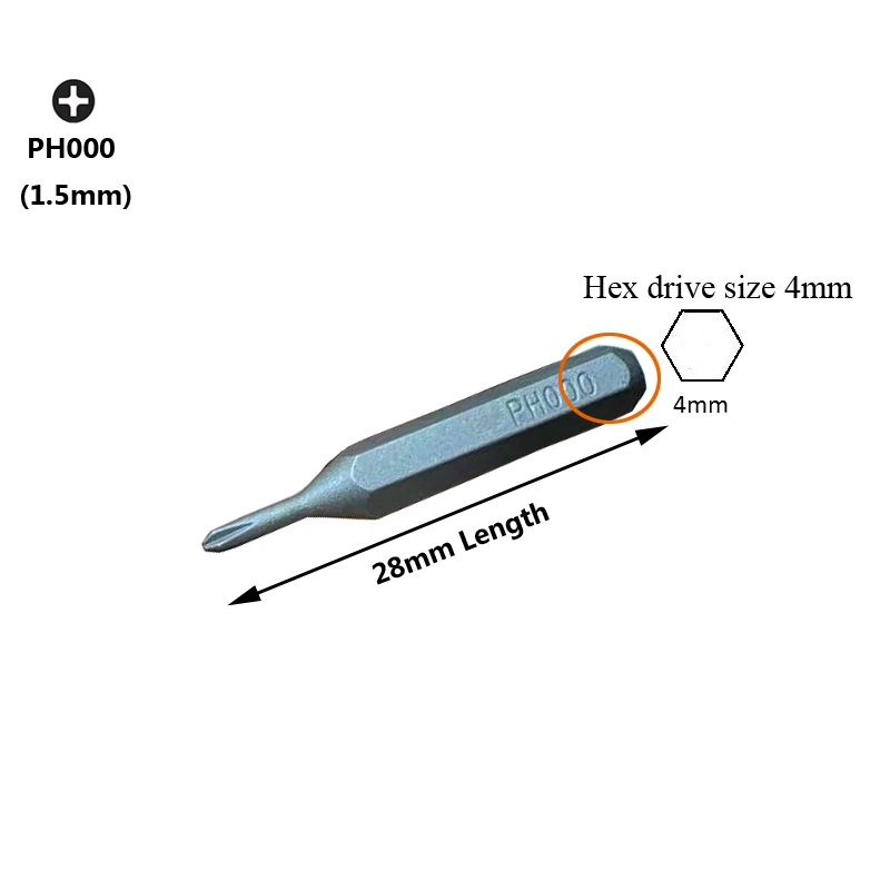 28mm S2 Phillips PH000 screwdriver bits for 1/8