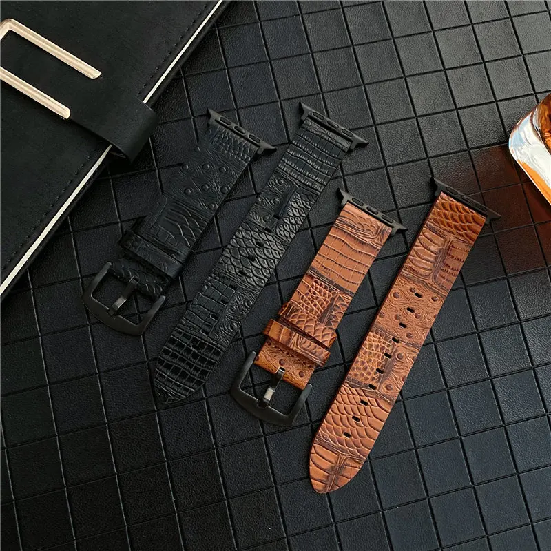 Genuine Leather Crocodile Ostrich Sport Band for Apple Watch Series 9 8 7 6 5 4 3 2 Wrist Strap 41mm 44mm 45mm 49mm