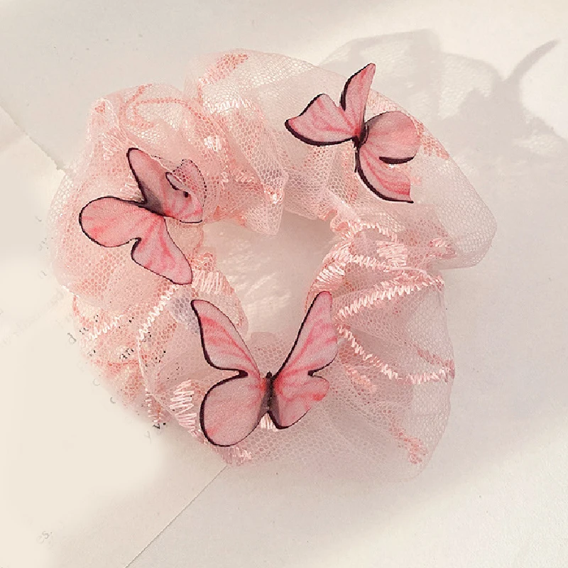 Korean Sweet Mesh Flower Scrunchie Women Girls Elastic Hair Hair Bands Butterfly Hair Ties Ponytail holders Hair Accessories