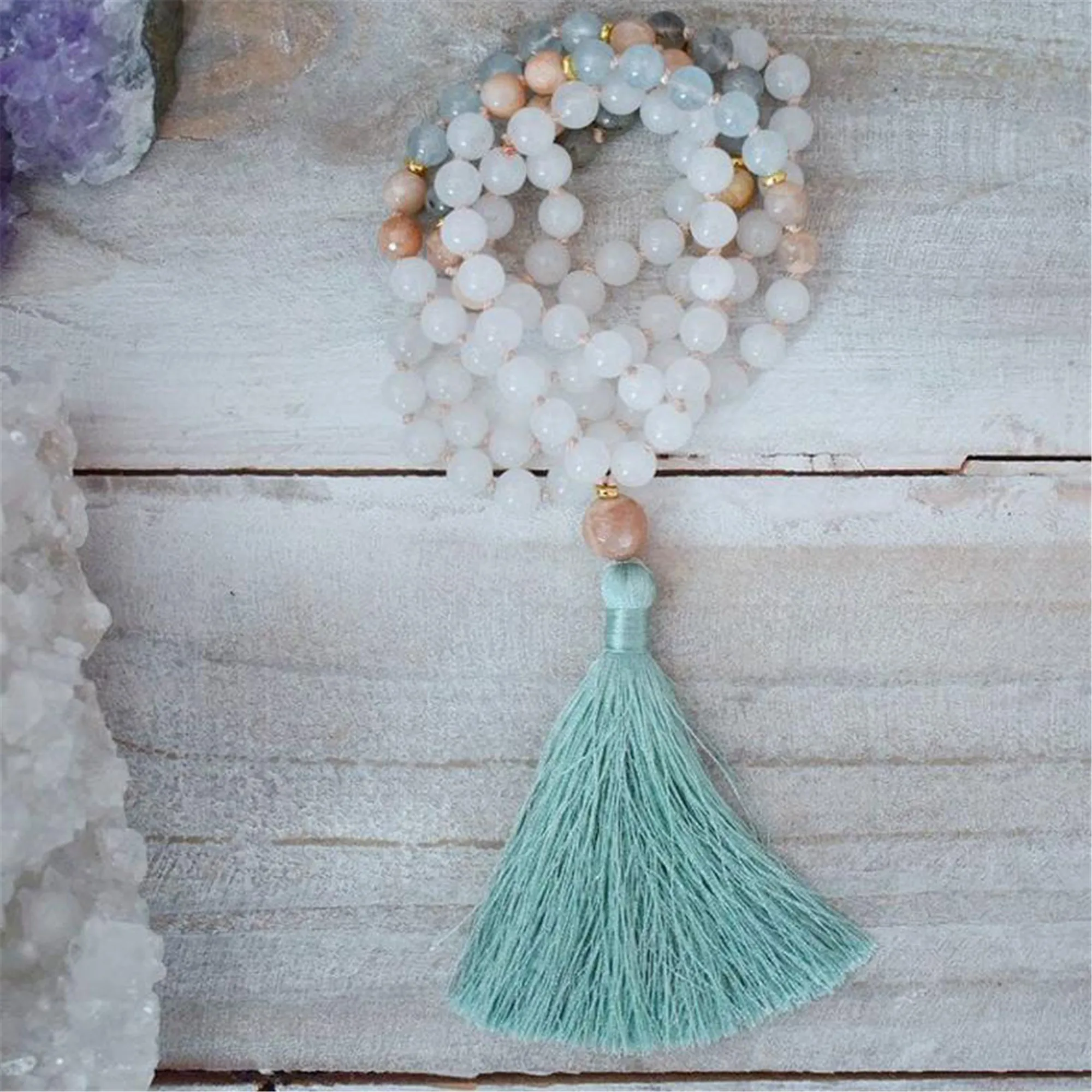 

8mm 108 White jade Labradorite Gemstone Tassel Mala Necklace Healing Blessing Buddhist Wrist Mala Lucky Unisex Chakra Men