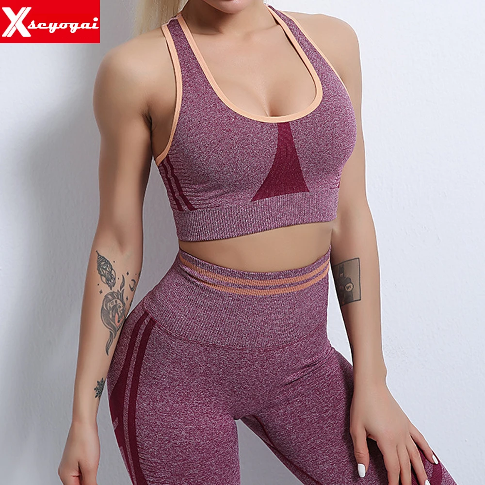 

New Women's 2Pcs Sports Yoga Tracksuits Sets Long High Waist Leggings Sports Bras Shorts Set Running Fitness Jogging Sportswear