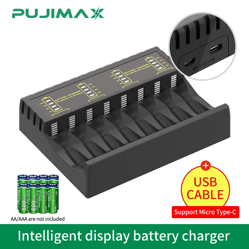 PUJIMAX Smart Battery Charger 8 Slots with LED Indicator for Ni-MH/Ni-Cd Rechargeable Battery Short Circuit Protection Chargers