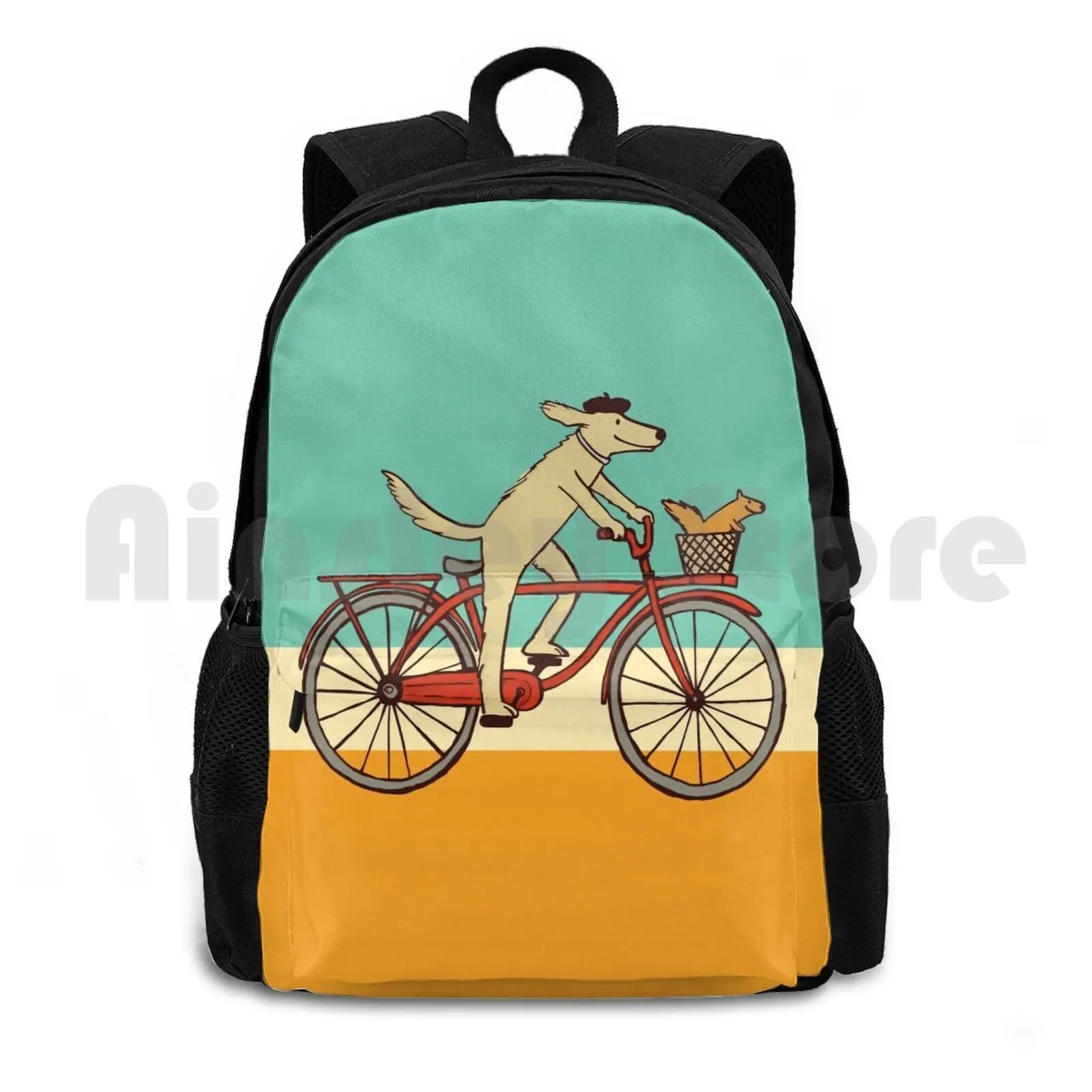 Dog And Squirrel Are Friends Whimsical Animal Art Dog Riding A Bicycle Outdoor Hiking Backpack Waterproof Camping Travel