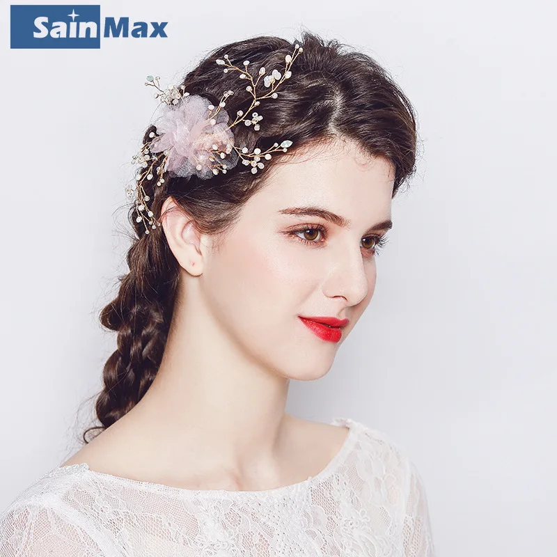 Sainmax New Bridal Head wear Gold and Pink Hair Clips Luxury Pearl Crystal Wedding Hair Accessories