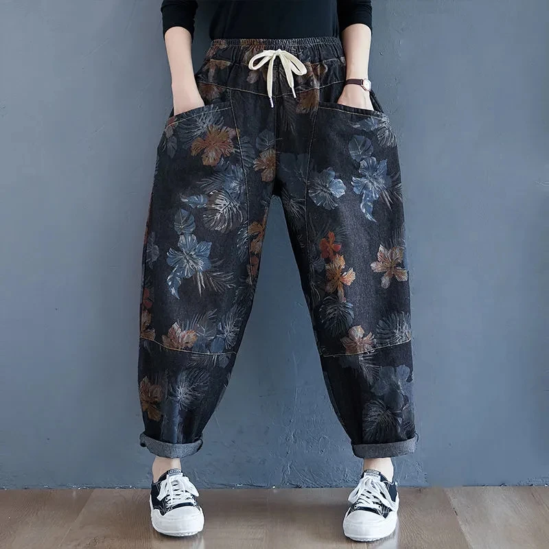 Baggy Printted Streetwear Ankle-length Jeans Oversized 90kg Flower Harem Denim Pants Retro Woemn High Wasit Spring New Pantalon