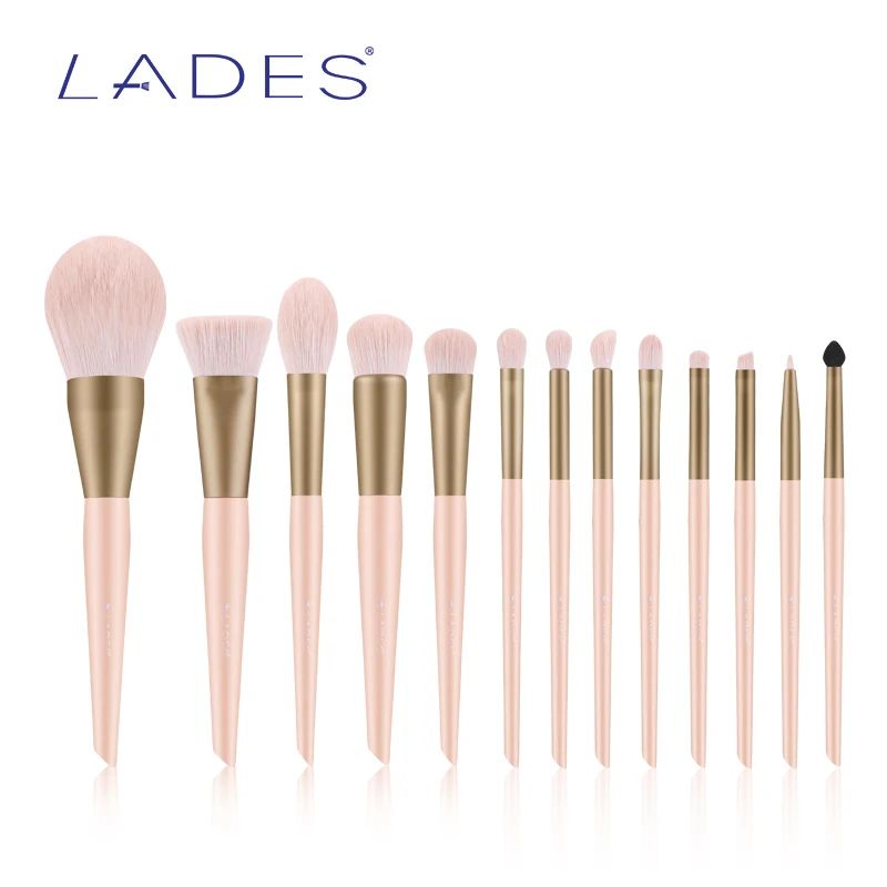 Lades-pincéis de maquiagem profissional femininos, 13 peças, para base, pó, maquiagem, blush, sombra, com bolsa rosa