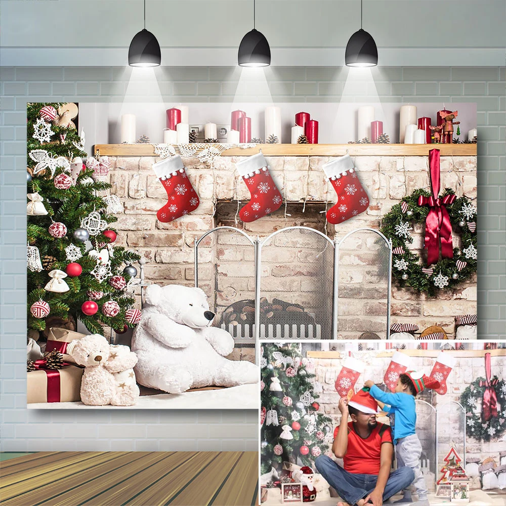 

Toy Bear Fireplace Backdrop Kids Christmas Photography Child Portrait Tree Wreath Decor Banner Photostudio Family Festival Props