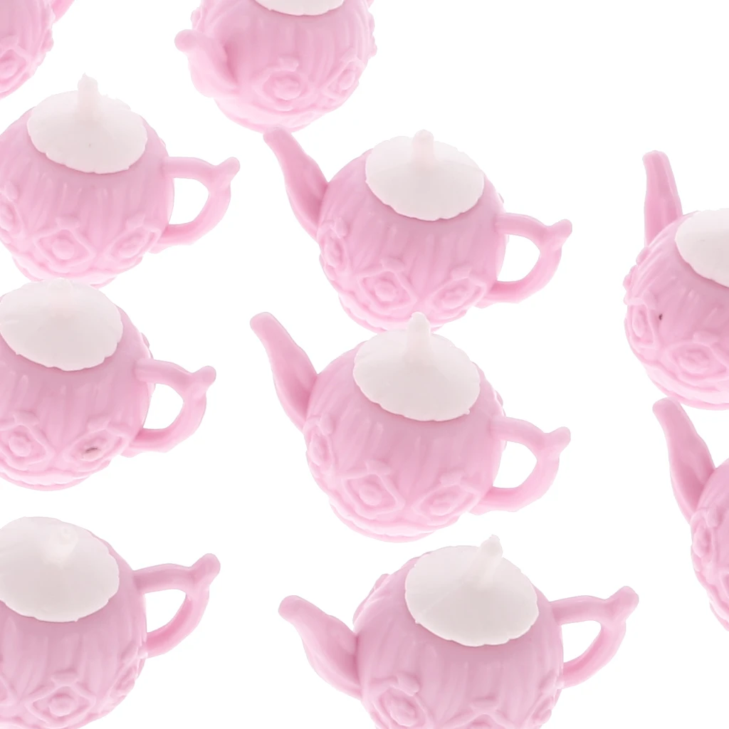 10 Sets Dollhouse Miniature Tableware Accs Plastic Pink Tea Pot with Cups