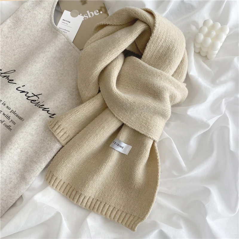 Luna&Dolphin Women Autumn Winter Solid Color Scarf Slim Neckerchief Soft Brown White Warm Knitted Woolen Ins Neck Pashmina Shawl