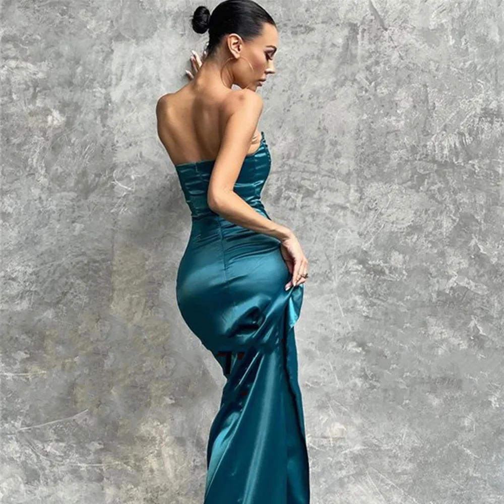 Sexy Strapless Navy Blue Long Mermaid Prom Dresses Sleeveless Satin Evening Dress Side Slit Formal Party Gowns Vestidos de festa