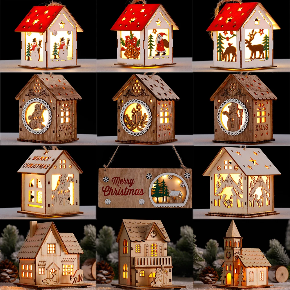 DIY Natural Wooden Hanging Log Cabin With Warm LED Lights Christmas Ornaments Wood Glowing Castle Lamp New Year Gifts Kids Toys