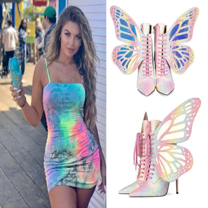 

New Butterfly Wings Ankle Boots For Women High Heels Ladies Shoes Sexy Shiny Party Shoes Women Zapatos Mujer Zip Botas Mujer