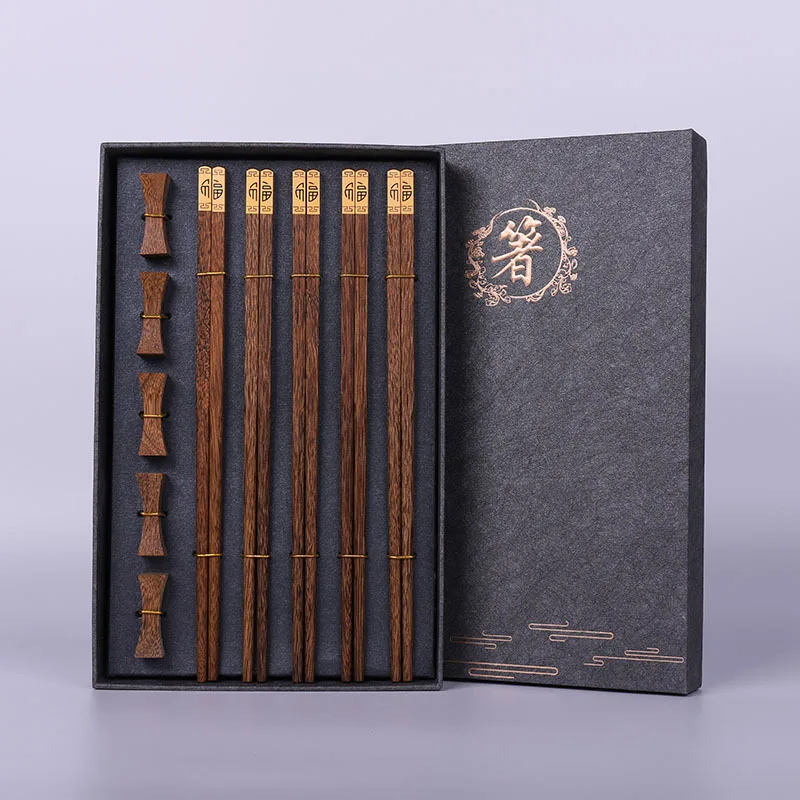 High Quality Premium Wooden Gift Box Packaging Household Cylindrical Natural Wenge Wooden Chopsticks Tableware Set