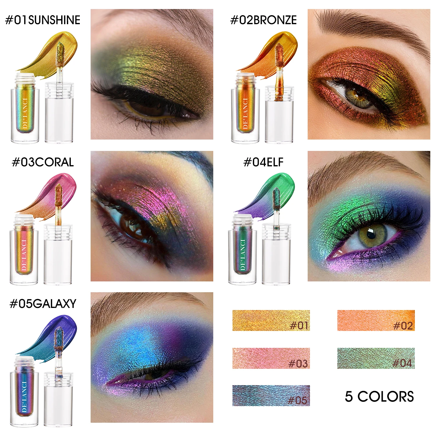 DE'LANCI Charming Liquid Eyeshadow 5 Colors Chameleon  Duochrome Metallic Shiny Professional Eyes Makeup Party Glitter Cosmetic