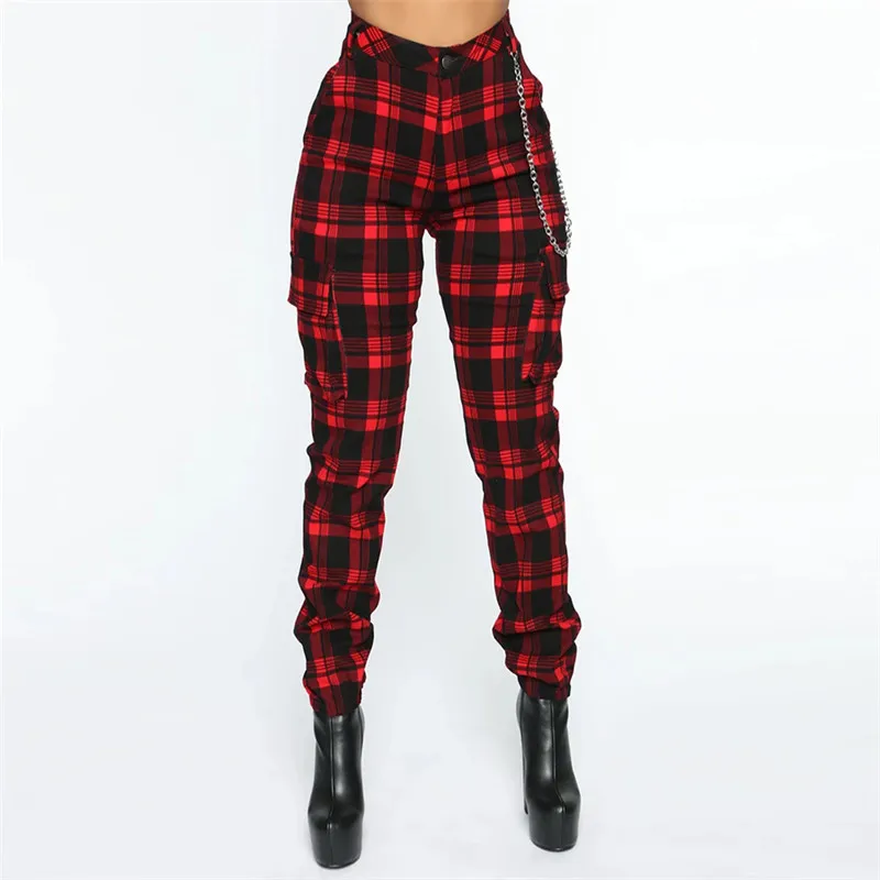 Red Plaid Pants Women Slim Hight Waist Trousers Women Harem Pants Pockets Without Chain Plus Size Ladies Streetwear Spring