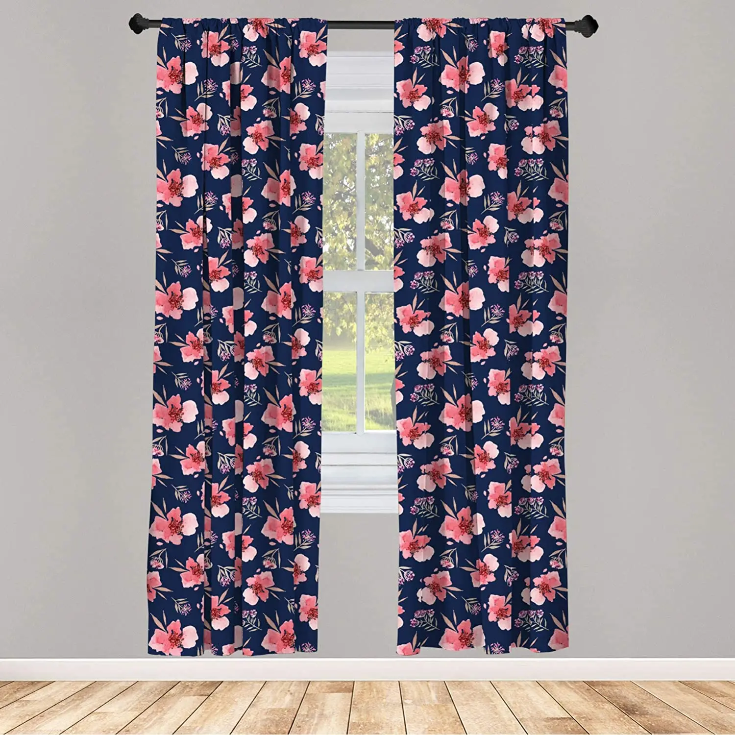 Watercolor Window Curtains Nature Inspired Composition with Pink Garden Flora Vintage Petals Window Drapes with Rod Pocket