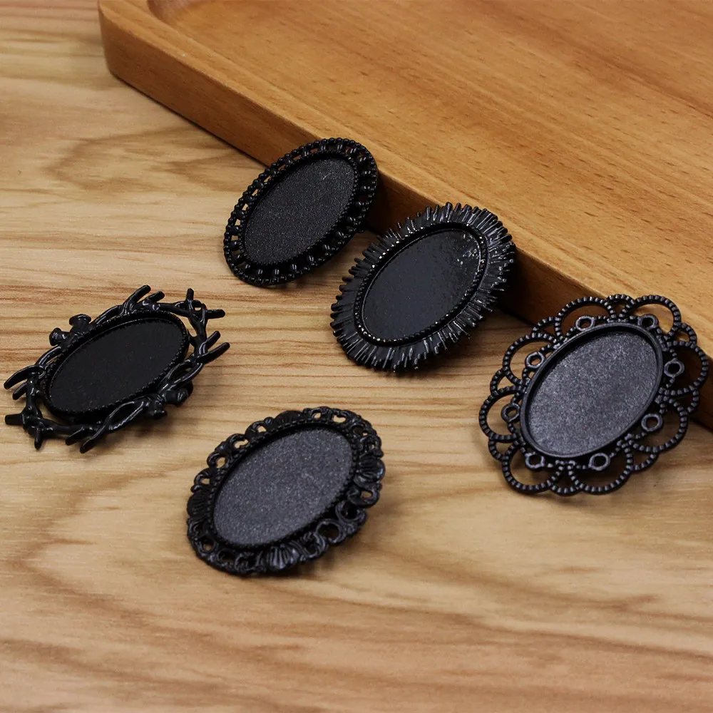 Fit 18x25mm Vintage Oval Cabochons Pattern Glass Black Blank Setting Bezel Base Brooch Settings For DIY Making 5pcs K06235