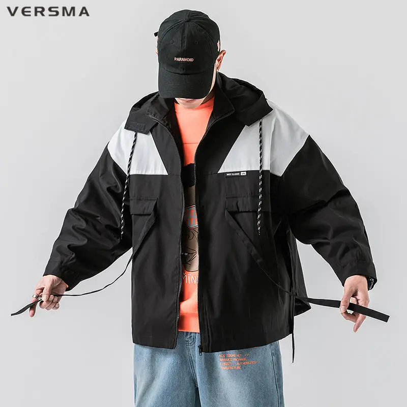 VERSMA Jaket Retro Warna Kontras Kasual Jepang Mantel Pria Hip Hop Pakaian Jalanan Remaja Longgar Tudung Penahan Angin untuk Pria Dropshipping