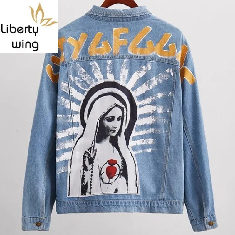 

Fashion BF Style High Quality Brand Vintage Painting Print Jeans Jackets Hip Hop Washed Denim Jacket Coat Men Loose Streetwear